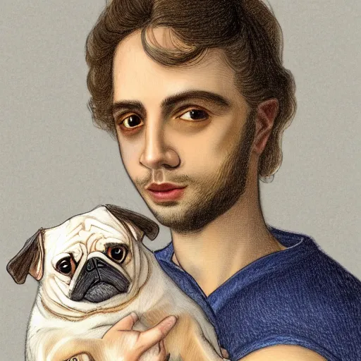 Image similar to self portrait, young white hispanic handsome man with short light brown hair and light skin and a 5 o clock shadow and holding a pug while fighting against 2 swordsmen pencil art, added detail, high definiton, colored, backfacing, illustrated by davinci