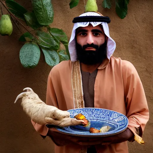 Image similar to 18 year old middle eastern skinned man in ancient Canaanite clothing holding a plate of rotten fruit. A 22 year old middle eastern skinned man in ancient Canaanite clothing carrying a beautiful goat, dramatic angle, 8k hdr pixiv dslr photo