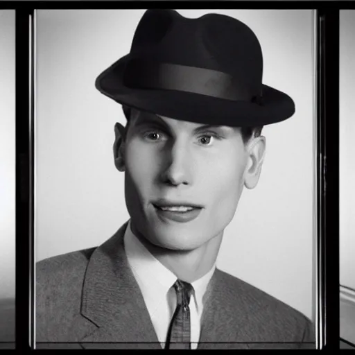 Image similar to A photograph portrait of Jerma985 wearing a suit with and fedora in the 1950s, taken in the early 1950s, grainy, taken on a 1950s Kodak Camera, realistic, hyperrealistic, very realistic, highly detailed, very detailed, extremely detailed, detailed, digital art, trending on artstation