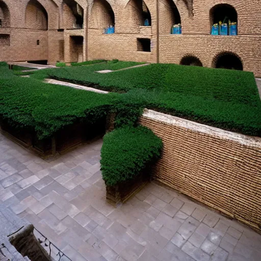 Image similar to courtyard complex of a labyrinthine monastary made of thousands of iteratively stacked and interlocked stones and bricks and wood, fusion of carlo scarpa and louis kahn, ivy growing on the bricks, people walking around and sitting on steps, architectural photography