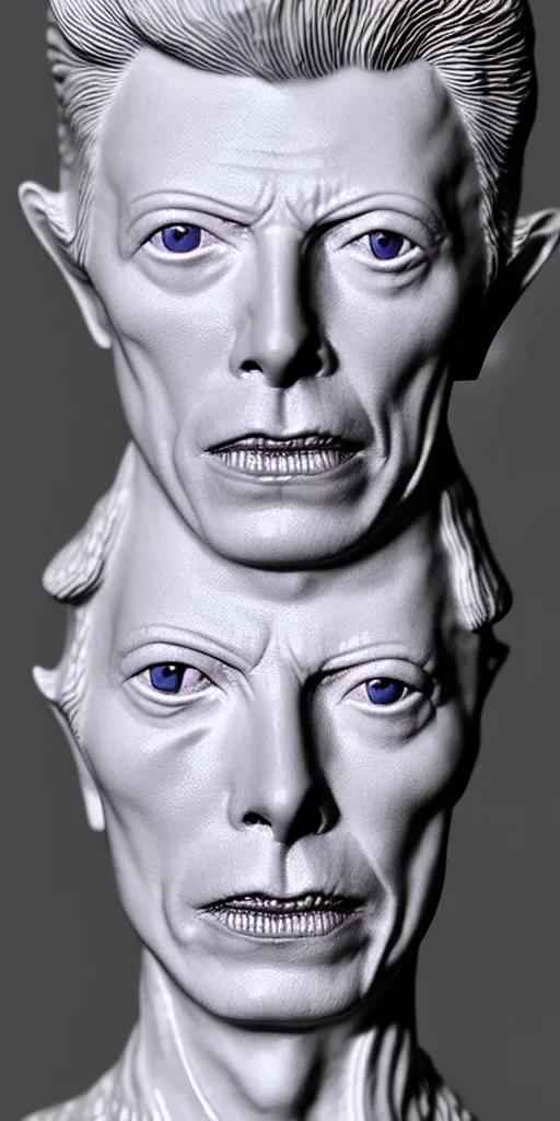 Image similar to David Bowie , A Close up photo-real delicate ceramic porcelain sculpture of a symmetrical ornate detailed in front of an intricate background by Victo Ngai and takato yamamoto, micro detail, backlit lighting, face in focus, subsurface scattering, translucent, thin porcelain, octane renderer, colorful, physically based rendering, japanese pottery, trending on cgsociety