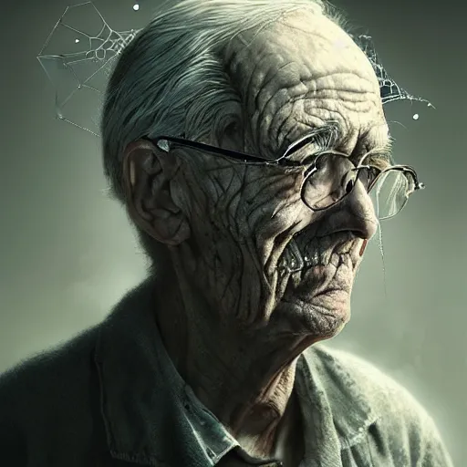 Image similar to an old man with thick cobwebs covering his face, cobwebs, spooky, atmosphere, detailed, realistic, unreal engine, cgsociety, by wlop and artgerm