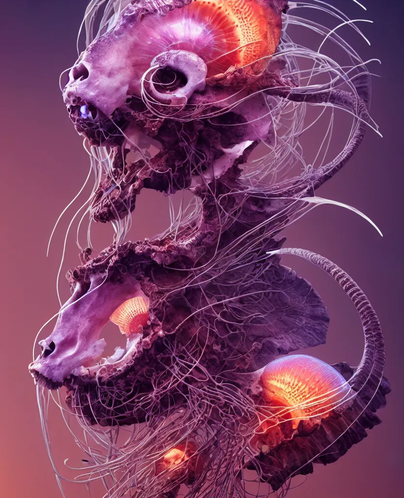 Image similar to goddess close-up portrait goat skull. jellyfish phoenix head, nautilus, orchid, skull, betta fish, bioluminiscent creatures, intricate artwork by Tooth Wu and wlop and beeple. octane render, trending on artstation, greg rutkowski very coherent symmetrical artwork. cinematic, hyper realism, high detail, octane render, 8k