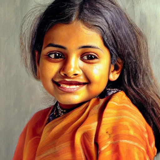 Prompt: high quality high detail painting by lucian freud, hd, smiling cute indian girl portrait, photorealistic lighting