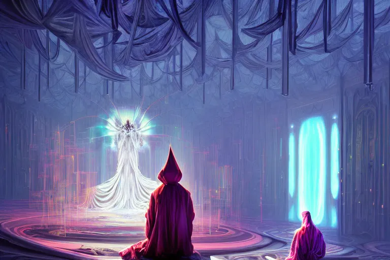 Image similar to a highly detailed beautiful masterpiece painting of a technomancer wizard in robes with pointed hood discussing sentience with his synthesized AI djinn in his laboratory near a computer by Remedios Varo and Anato Finnstark and Greg Rutkowski, dayglo pink, dayglo blue, dazzle camouflage, 8k, trending on ArtStation, rendered in Octane, volumetric lighting