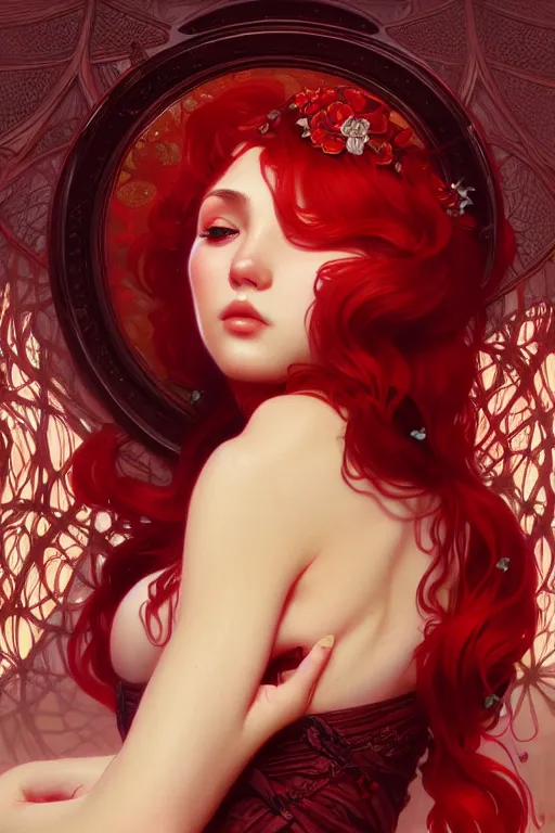 Image similar to strawberry creme, dark fantasy, intricate, elegant, highly detailed, digital painting, artstation, concept art, matte, sharp focus, illustration, art by artgerm and alphonse mucha