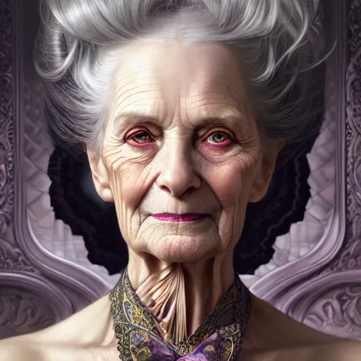 Image similar to portrait painting of an extremely fancy elderly woman with a devious expression, gaslamp fantasy, victorian, ultra realistic, concept art, intricate details, eerie, highly detailed, photorealistic, octane render, 8 k, unreal engine. art by artgerm and greg rutkowski and charlie bowater and magali villeneuve and alphonse mucha