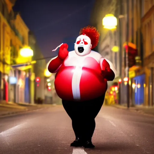 Image similar to disturbing fat clown holding a balloon in the middle of the street at night