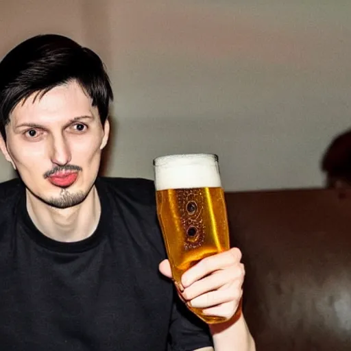 Prompt: pavel durov drinking a beer, high quality photo