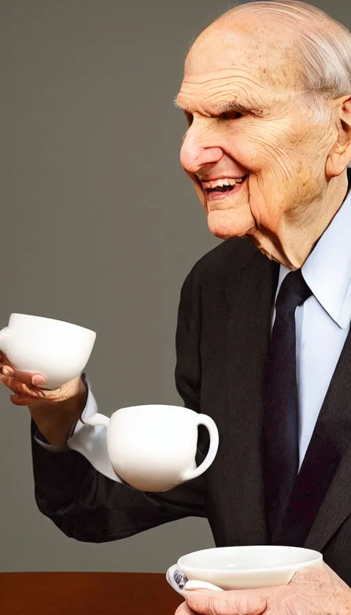 Prompt: photo of Russell M Nelson in a suit drinking coffee and tea, fashion shoot, branding, pr shoot, pristine and clean,