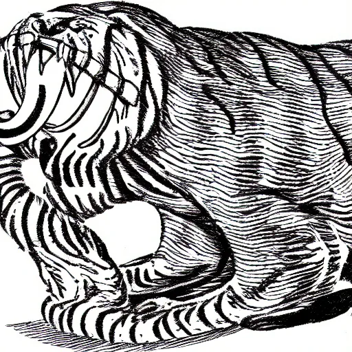 Image similar to sabertooth tiger with large tusks drawn like a BAYC NFT, illustrated style