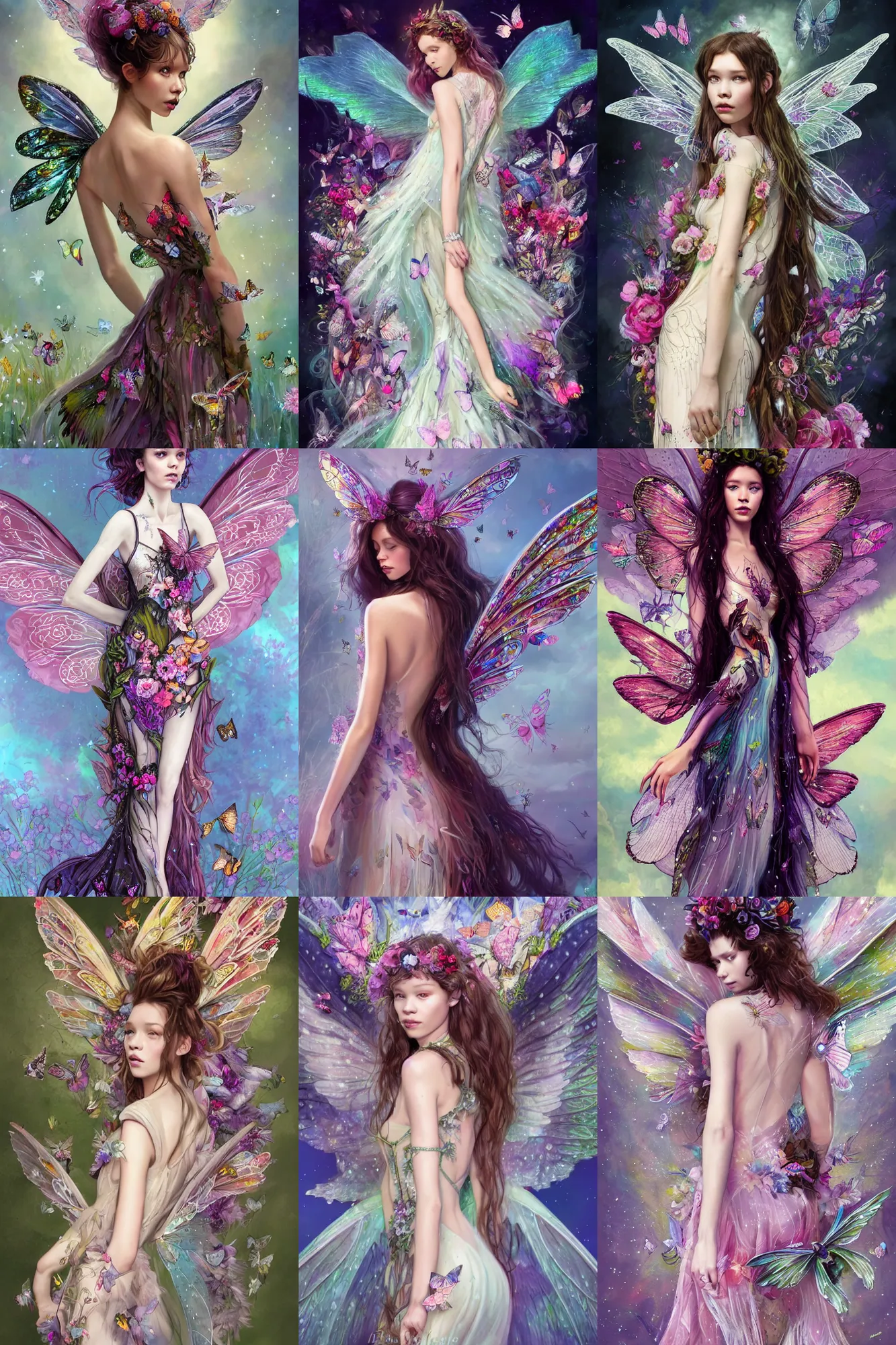 Prompt: astrid berges frisbey as a fairy. large wings grow from her back. full body frontal shot. digital illustration. wearing a dress made out of flowers and butterflies. trending on art station, low detail, dreamy, vivid colours. in the style of jedd chevrier. in the style of anne stokes. in the style of annie stegg.
