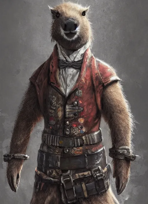 Image similar to detailed full body concept art illustration, dark soft focus, plague style oil painting on canvas of an anthropomorphic capybara doctor in full intricate clothing, biomutant, dystopian, micro detail, octane render, 4K