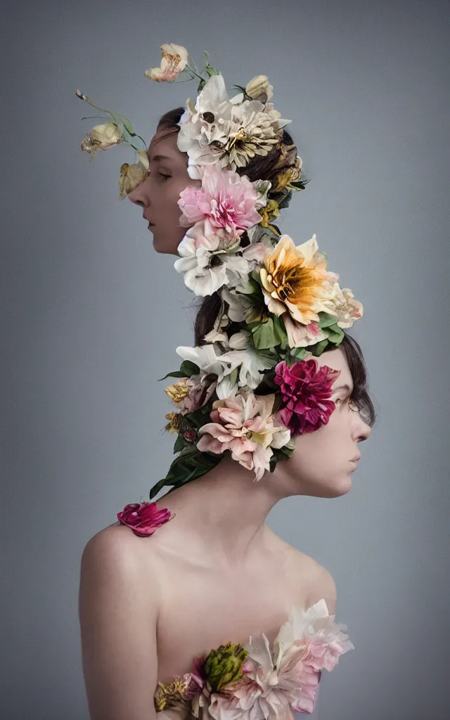 Prompt: flower adornment, creative studio portrait photography with wildly experimental and interesting lighting