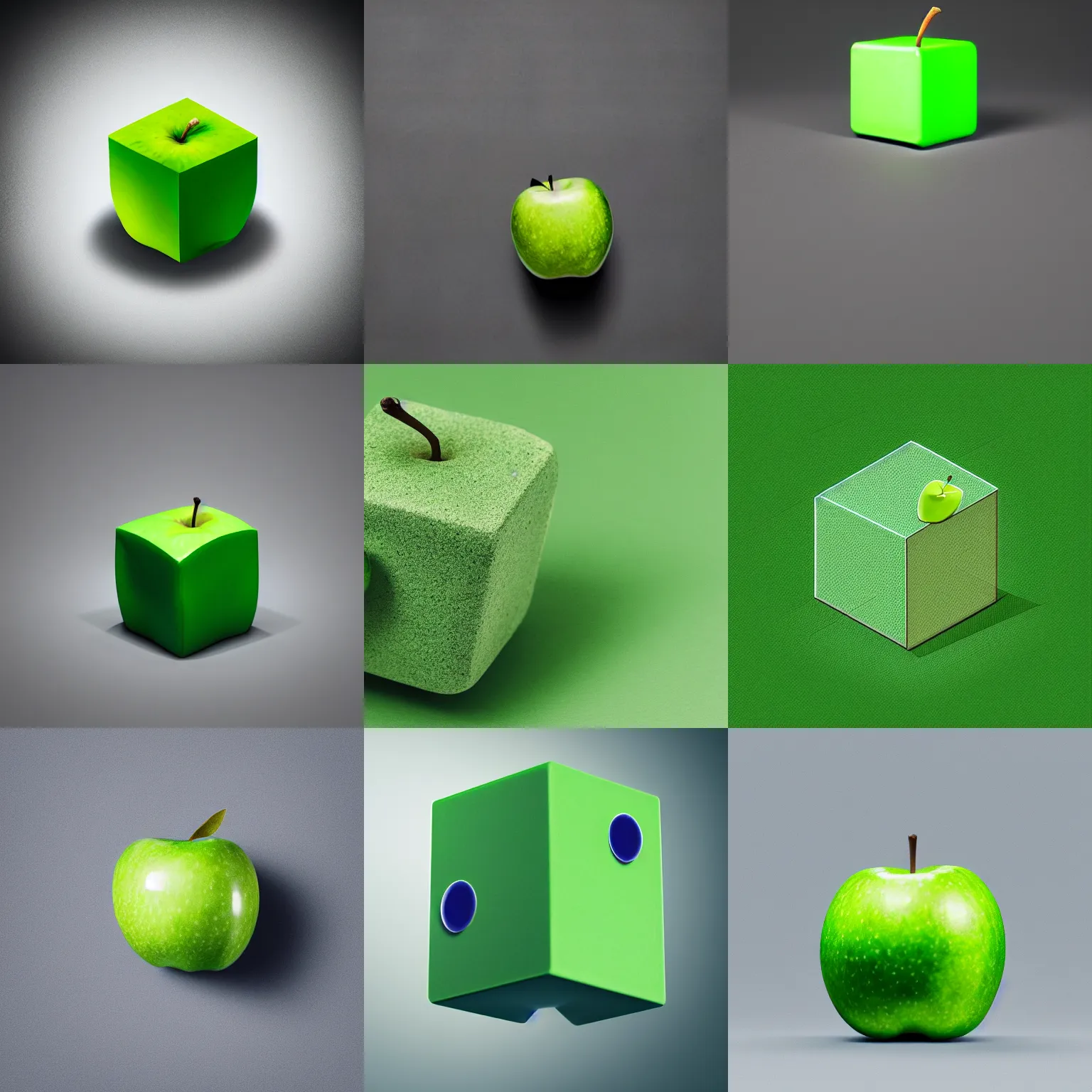 Prompt: studio shot of green apple shaped like a cube, isometric perspective, green background, photorealistic, sony a7r