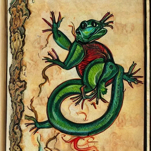 Image similar to salamander on fire in the style of a grotesque of an illuminated manuscript