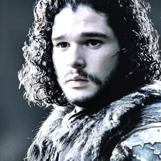 Prompt: live action Jon Snow portrait from 1978 BBC production of Game of Thrones. 35mm portrait. promotional still