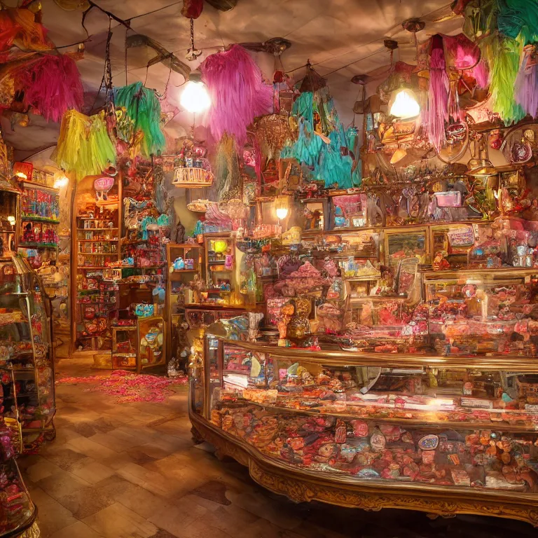 Prompt: Inside a magical old fashioned sweet shop, fantasy vendor interior, wide angle, cinematic shot, highly detailed, cinematic lighting , photo-realistic, colorful