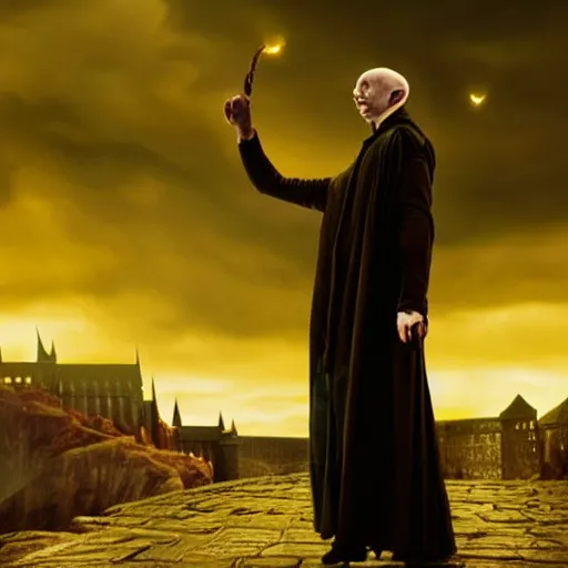 Image similar to Harry potter daniel radcliffe, yellow light spell, voldemort is visible, side view, thunderclouds, cinematic shot, wide shot, epic scale, photorealistic detail and quality, intricate cobblestone, magical special effects, movie still, nighttime, crescent moon, sharp and clear, action shot, intense scene, visually coherent, symmetry, rule of thirds, movement, photorealistic colors, cool colors transitioning to warm colors, modest tone, award winning, directed by Steven Spielberg, Christopher Nolan, Tooth Wu, Asher Duran, artstation