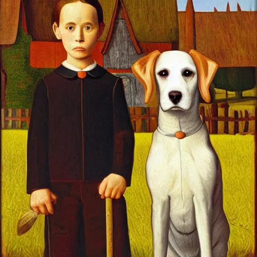 Image similar to two dogs portrait in front of a farmland, grant wood, american gothic from grant wood style