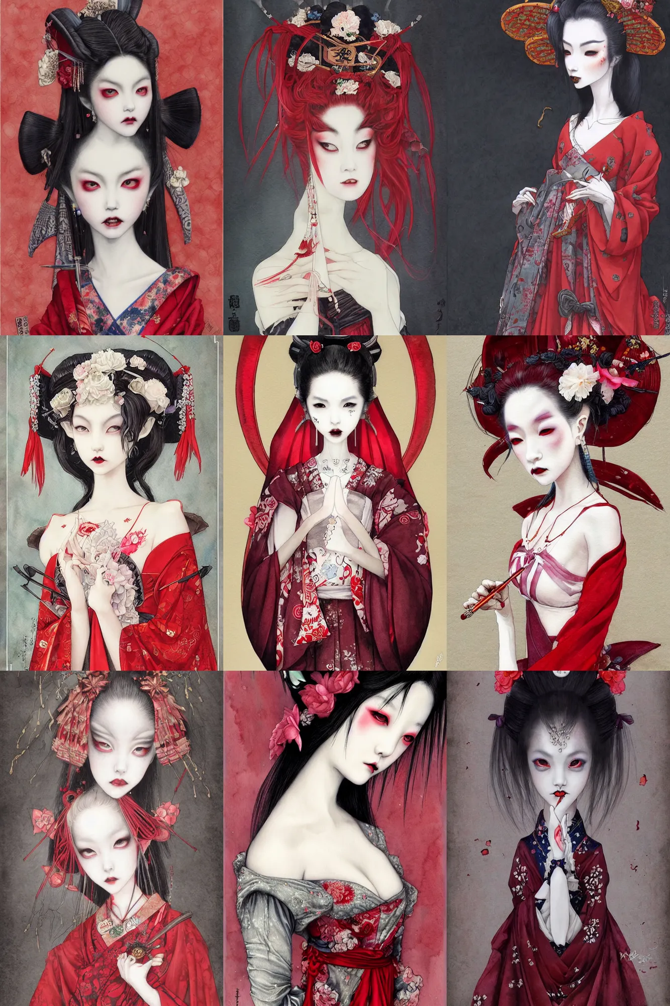 Prompt: watercolor painting of a japanese bjd geisha vampire queen with a long neck in a victorian lolita fashion red dress in the style of dark - fantasy painted by tom bagshaw, amy sol, ayami kojima, dmt art, symmetrical vogue face portrait, intricate detail, artstation, cgsociety, artgerm, rococo