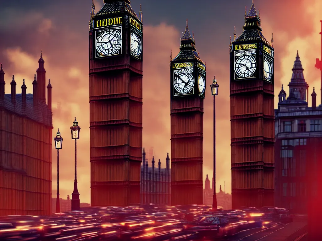 Image similar to a giant ancient beautiful cyborg of the elder gods with pipes and tubes in the city of London, an image of a beautiful cyborg, a beautiful cyborg, a cyborg, London streets with bigben in the background, colourful, dramatic lighting, golden hour, very detailed octane render very realistic beautiful