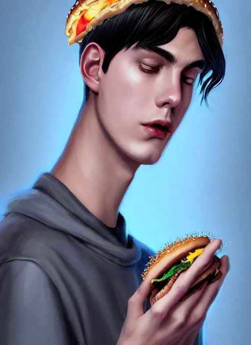 Image similar to portrait of teenage jughead jones wearing a light grey crown, crown, eating hamburger, eyes closed, crown, black hair, intricate, elegant, glowing lights, warm lighting, highly detailed, digital painting, artstation, concept art, smooth, sharp focus, illustration, art by wlop, mars ravelo and greg rutkowski