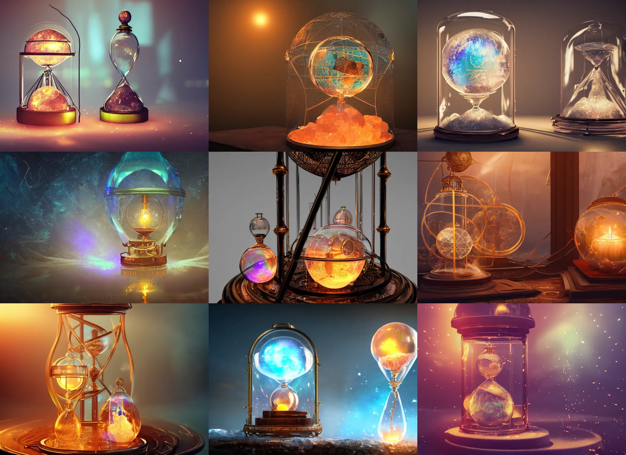 Prompt: iridescent steampunk planisphere inside a glass jar, hourglass, lightning, himalayan rocksalt lamp, intricate detail, volumetric lighting, epic composition, hyper detailed, ultra realistic, sharp focus, octane render, candle, volumetric, ray tracing, artstation trending, cgsociety, sense of awe, swirling mist, 4 k