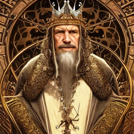 Image similar to ultra realistic illustration of a medieval old king, intricate, elegant, highly detailed, digital painting, artstation, concept art, smooth, sharp focus, illustration, art by artgerm and greg rutkowski and alphonse mucha