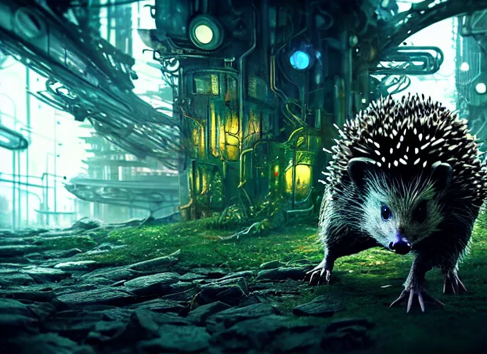 Image similar to portrait of a intricate humanoid hedgehog terminator, on the background of a weird magical mechanical forest. Very detailed 8k. Fantasy cyberpunk horror. Sharp. Cinematic post-processing. Unreal engine. Nanite. Ray tracing. Parallax. Tessellation