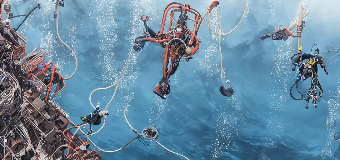 Prompt: Scuba Diver under an offshore oil rig in treacherous waters, highly detailed, ultra detailed, award-winning, trending on artstation, megalophobia