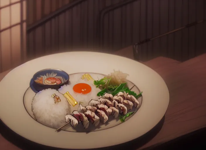 Image similar to a film still portrait of a plate with japanese food yakitori, finely detailed features, closeup at the food, perfect art, at a dinner table, gapmoe yandere grimdark, trending on pixiv fanbox, painted by greg rutkowski makoto shinkai takashi takeuchi studio ghibli, akihiko yoshida