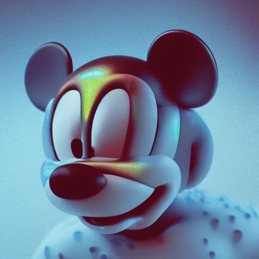 Image similar to mickey mouse head, fractal, broken, wet, mycelium, jupiterian, radiant alien, rococo, baroque, automotive, bio-mechanical, porcelain, iridescent sub surface scattering, octane render