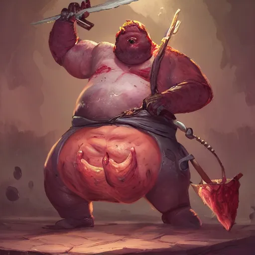 Image similar to a fat fleshy abomination butcher holding a cleaver and a hook hand, meats on the ground, in the style of greg rutkowski, fantasy rpg, league of legends