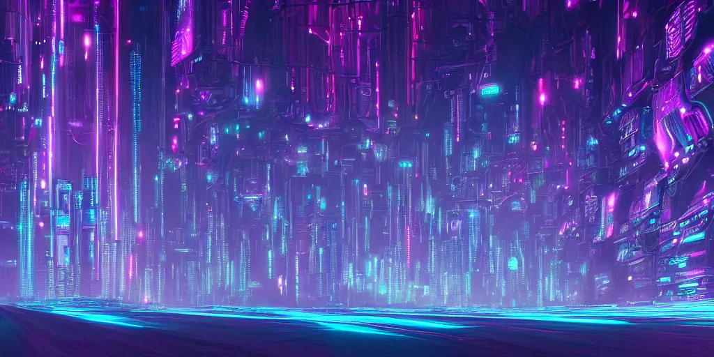 Image similar to a landscape view of a cybernetic cathedral overlooking an higway made of rows of glowing codes and symbols, energy surges, cyberpunk, beautiful detailed, cinematic, strong lighting, hi - fructose art magazine, photorealistic, 8 k, gradient cyan to purple, by paul lehr and david heskin