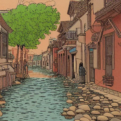 Image similar to water flowing through the streets in old city, sideview, drawing by moebius