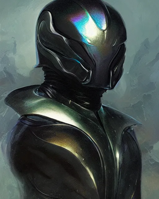 Prompt: iridescent sinewy smooth muscular male sleek glossy black pearlescent scifi armor with smooth black featureless helmet, by greg rutkowski, mark brookes, jim burns, magali villeneuve, trending on artstation