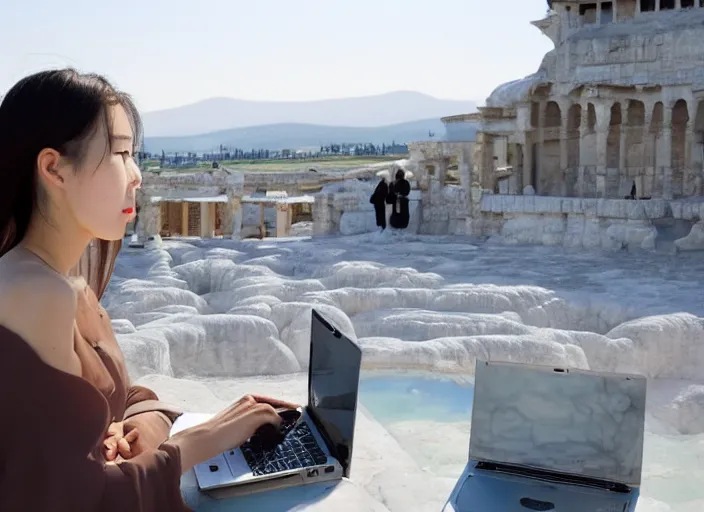 Image similar to Lee Jin-Eun hacking a laptop at Pamukkale by WLOP, rule of thirds, seductive look, beautiful, masterpiece, Refined