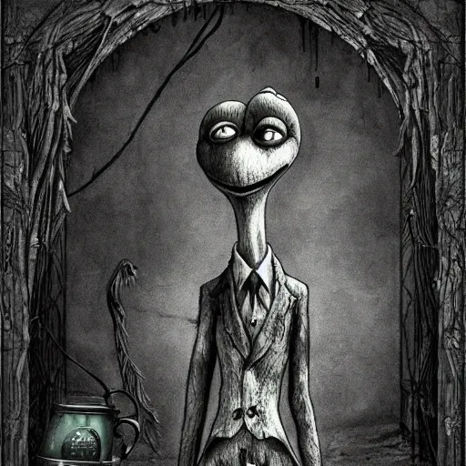 Image similar to michael karcz grunge drawing of kermit the frog. , in the style of corpse bride, loony toons style, horror themed, detailed, elegant, intricate