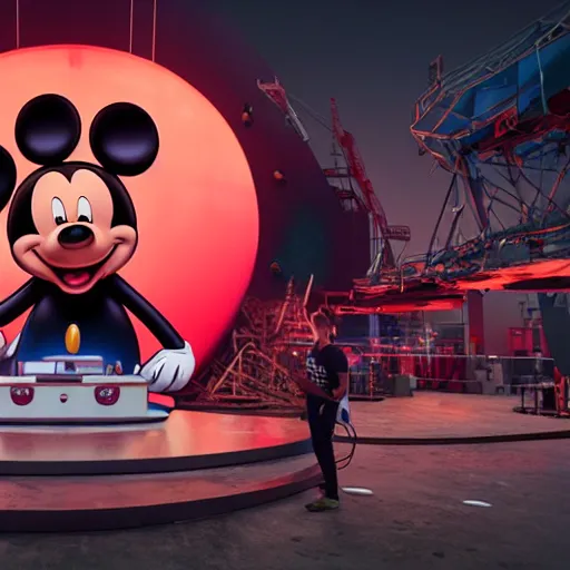 Prompt: giant mickey mouse being operated on by several workers, large octane render, dark beeple art, incredible detail, netflix logo in background, dark studio, dystopian atmosphere, gigantic micky mouse statue being worked on,