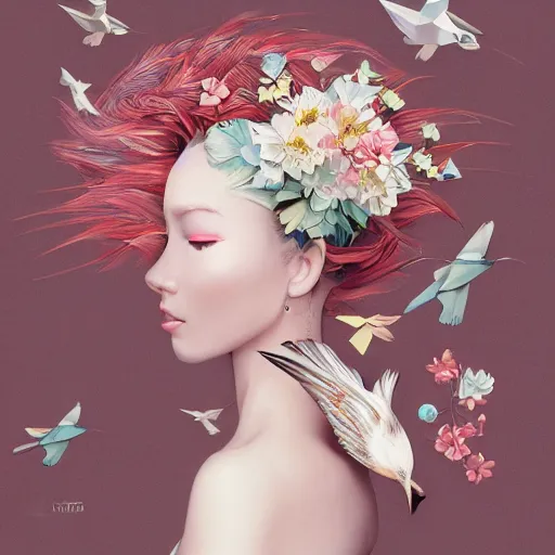 Image similar to 3 / 4 view of a beautiful girl wearing an origami!!! dress, eye - level medium shot, fine floral ornaments in cloth and hair, hummingbirds, elegant, by eiko ishioka, givenchy, by peter mohrbacher, serene, centered, fresh colors, origami, fashion, fine detailed illustration, vogue, japanese, reallusion character creator