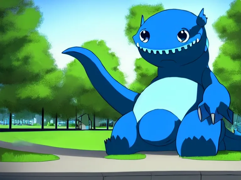 Image similar to adorable anthropomorphic gigantic cerulean furry leviathan monster in a park surrounded by a city, high high high quality