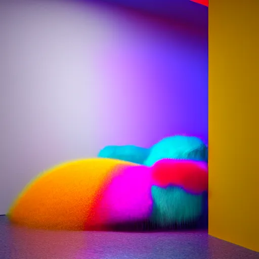 Prompt: : colorful abstract fuzzy sculpture on the wall in modern architecture studio, cinematic lighting, hyper - realistic, detailed, render by c 4 d octane, unreal engine, 8 k 3 d render