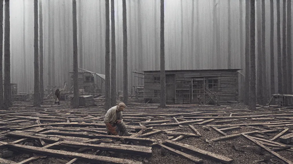 Prompt: a man working in a wood factory made of wood, film still from the movie directed by wes anderson with art direction by zdzisław beksinski and m. c. escher, wide lens