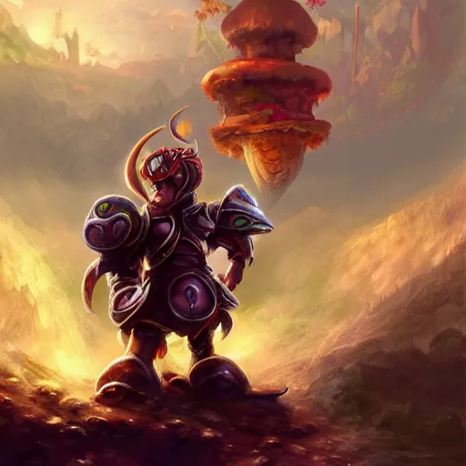 Prompt: Yoshi made of earth and molten metal with heavy knight armor in the style of anime by Peter Mohrbacher, Matte painting of mushroom kingdom landscape in background, colorful, cinematic, anime trending on artstation, HD, 4k,