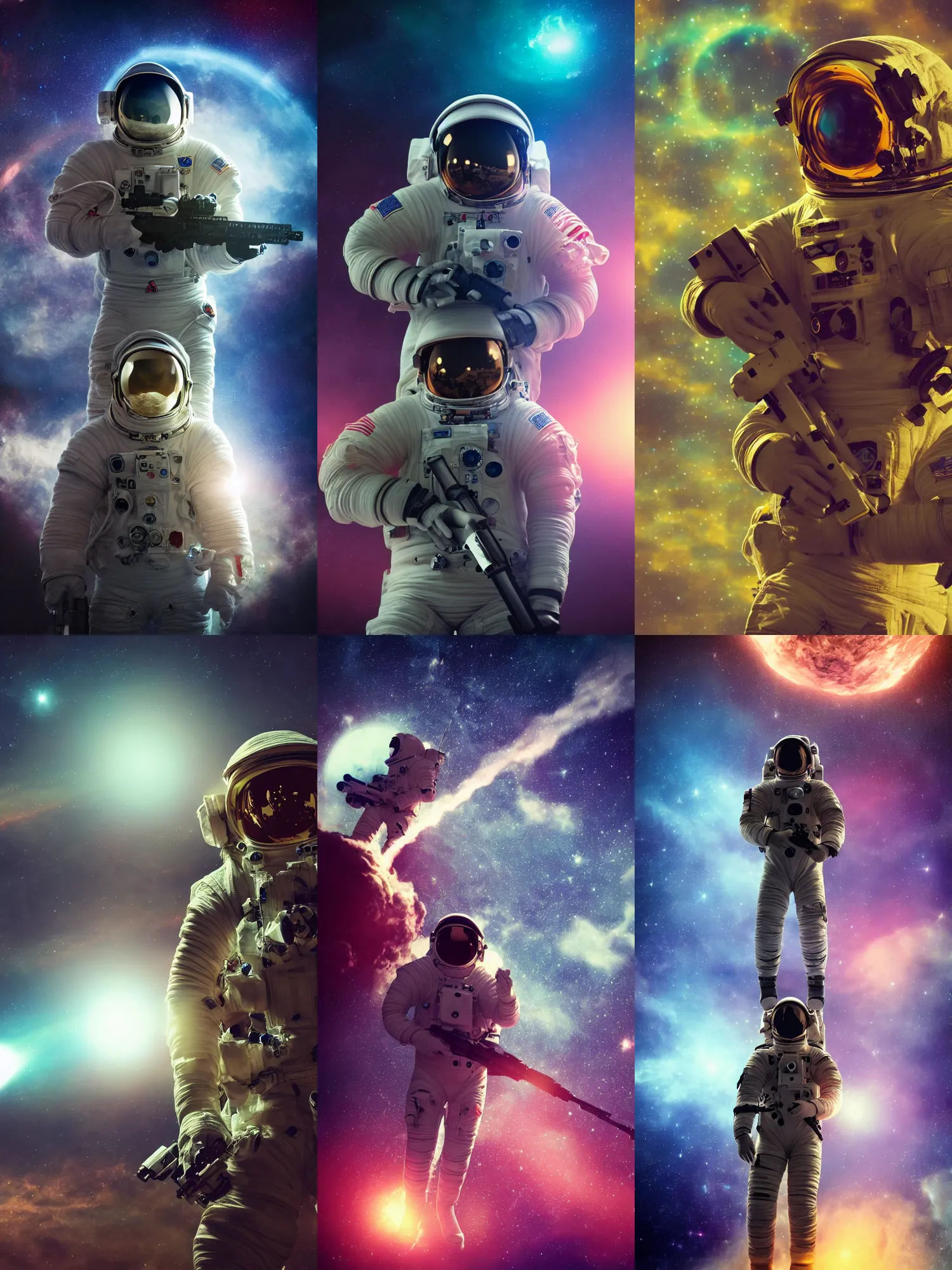 Prompt: high detail photo of an astronaut holding an assault rifle floating in space inside magic colorful glowing sparkling fog, circular planet behind it, starry sky, tranquil, desolate, atmospheric, hazy, autochrome, 8k, reflections, octane render, unreal engine 5