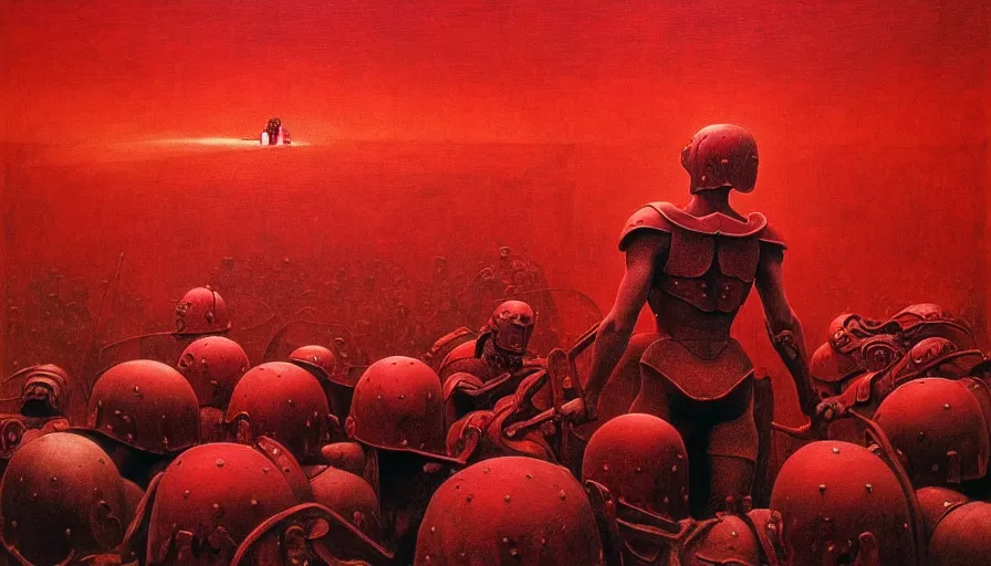 Prompt: only with red, a lightly armored gladiator in a crowded roman amphitheatre, crowd cheering, in the style of beksinski and edward hopper and rodcenko and yue minjun and artgerm, intricate and epic composition, red by caravaggio, highly detailed, masterpiece, red light, artstation, art nouveau