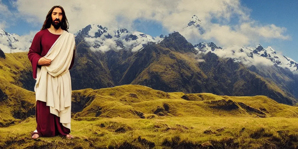 Image similar to jesus in beautiful new zealand landscape