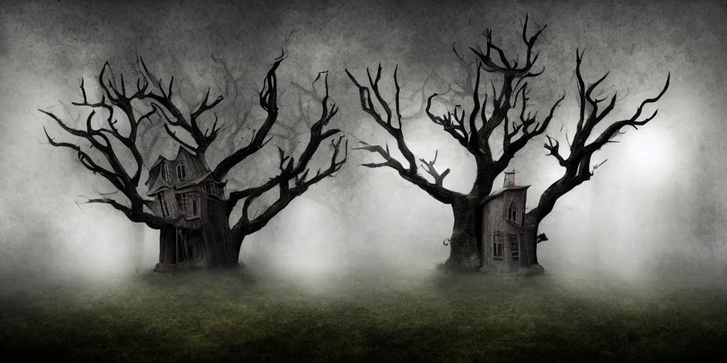 Image similar to fun strange darkness house, dead tree, inspired by Tim Burton, (by Tim Burton) dark forest background, mist, fog, volumetric lighting