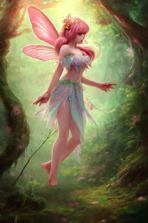 Image similar to a cute fairy in the dreamy forest, fantasy, 8 k resolution, hyper detailed, d & d, character design, digital painting, trending on artstation, sharp focus, illustration, art by artgerm, steve zheng, fuji choko, viktoria gavrilenko, hoang lap